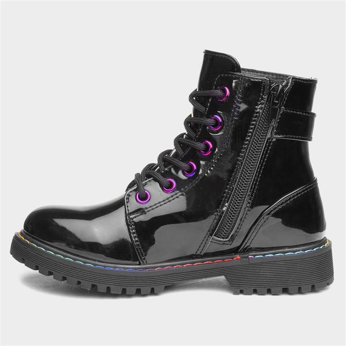Girls Black Patent Iridescent Ankle Boot