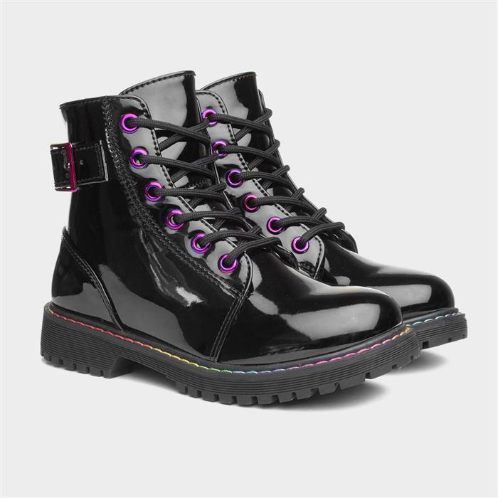 Girls Black Patent Iridescent Ankle Boot