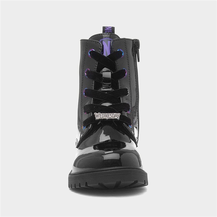 Kids Black Lace Up Patent Ankle Boot
