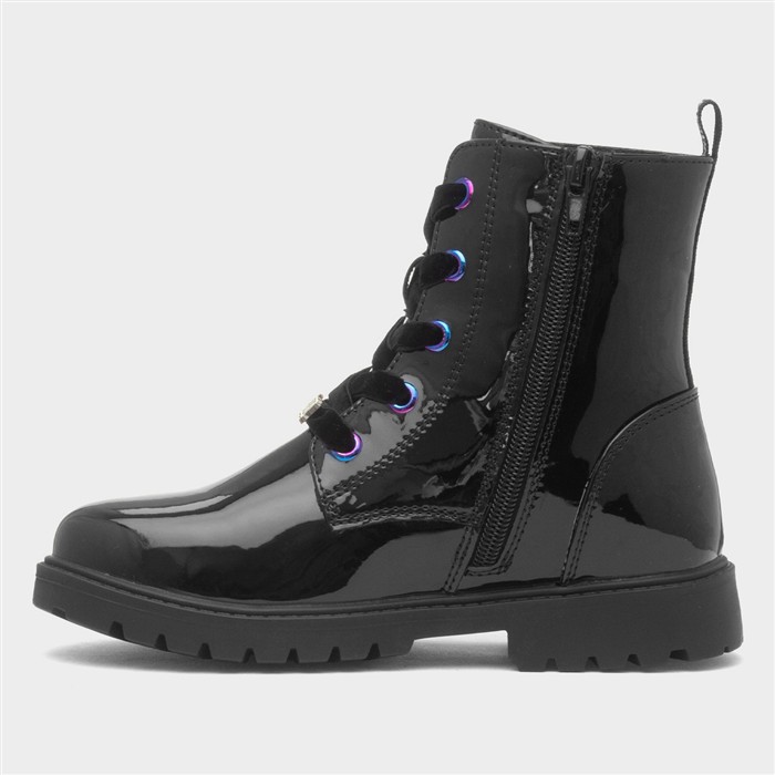 Kids Black Lace Up Patent Ankle Boot