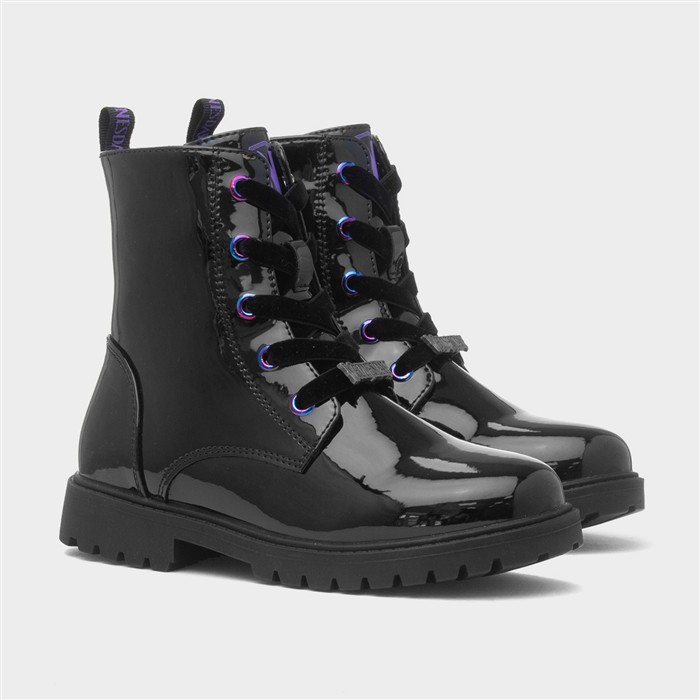 Kids Black Lace Up Patent Ankle Boot