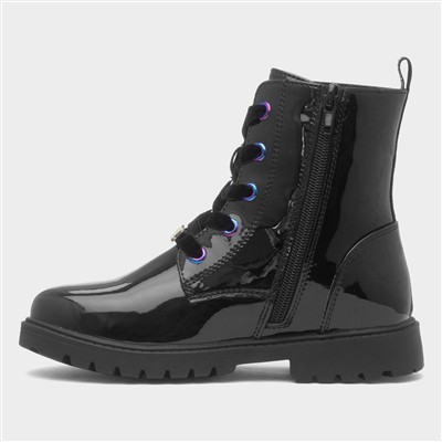 Kids Black Lace Up Patent Ankle Boot
