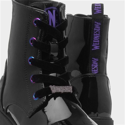Kids Black Lace Up Patent Ankle Boot