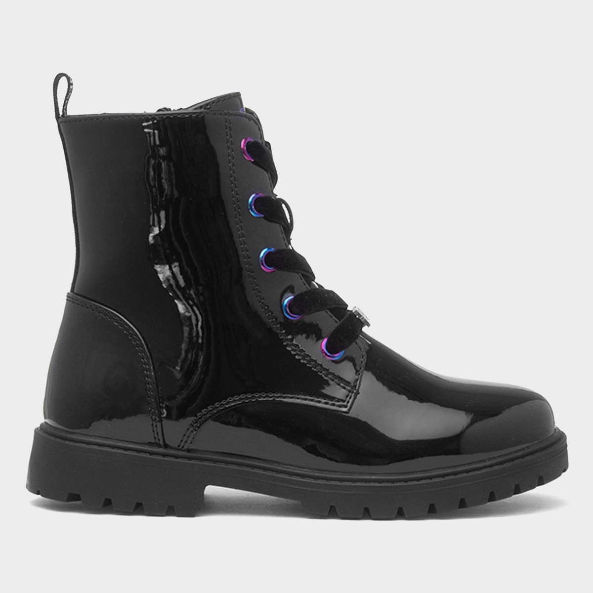 Kids Black Lace Up Patent Ankle Boot