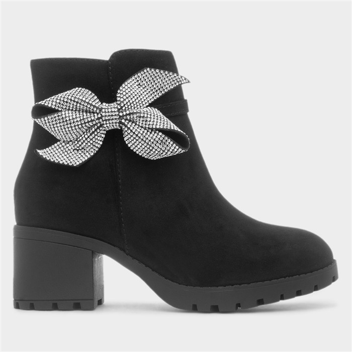 Girls Black Heeled Ankle Diamante Bow Boot