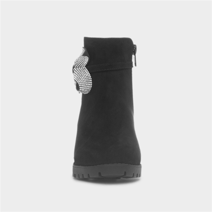Girls Black Heeled Ankle Diamante Bow Boot