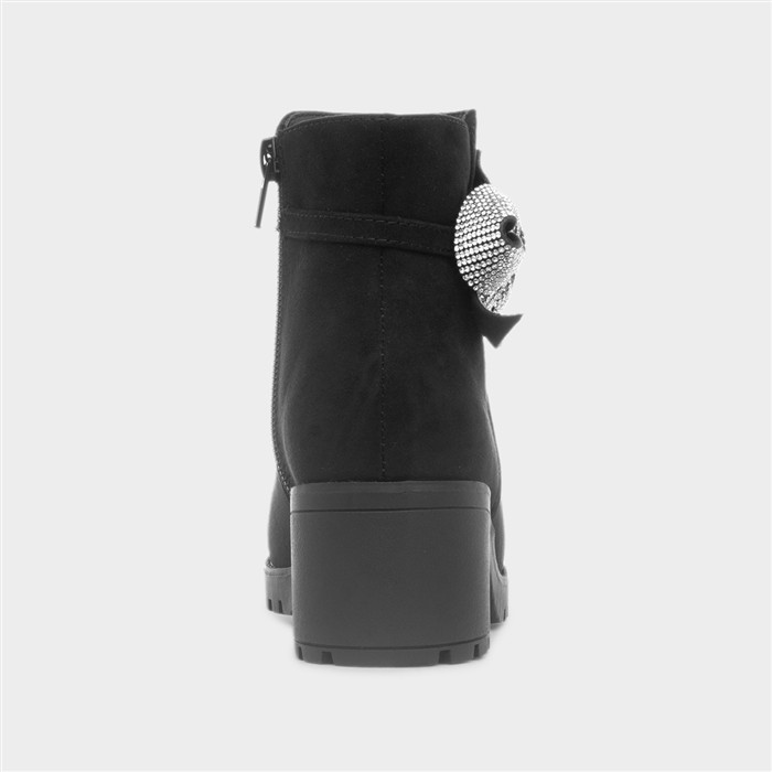 Girls Black Heeled Ankle Diamante Bow Boot