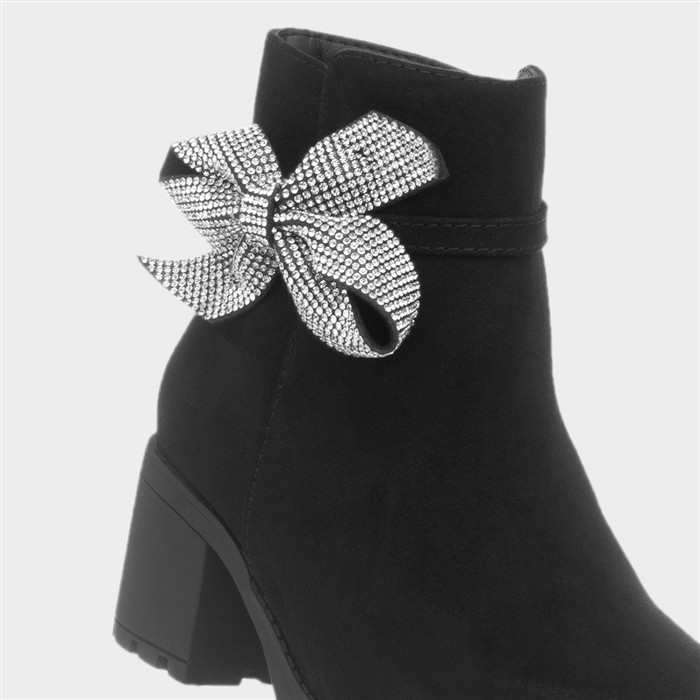 Girls Black Heeled Ankle Diamante Bow Boot