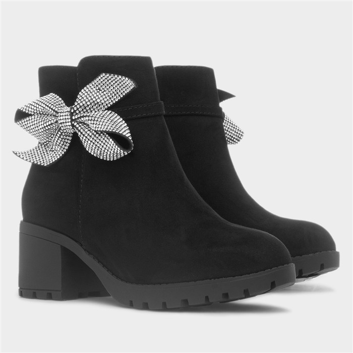 Girls Black Heeled Ankle Diamante Bow Boot