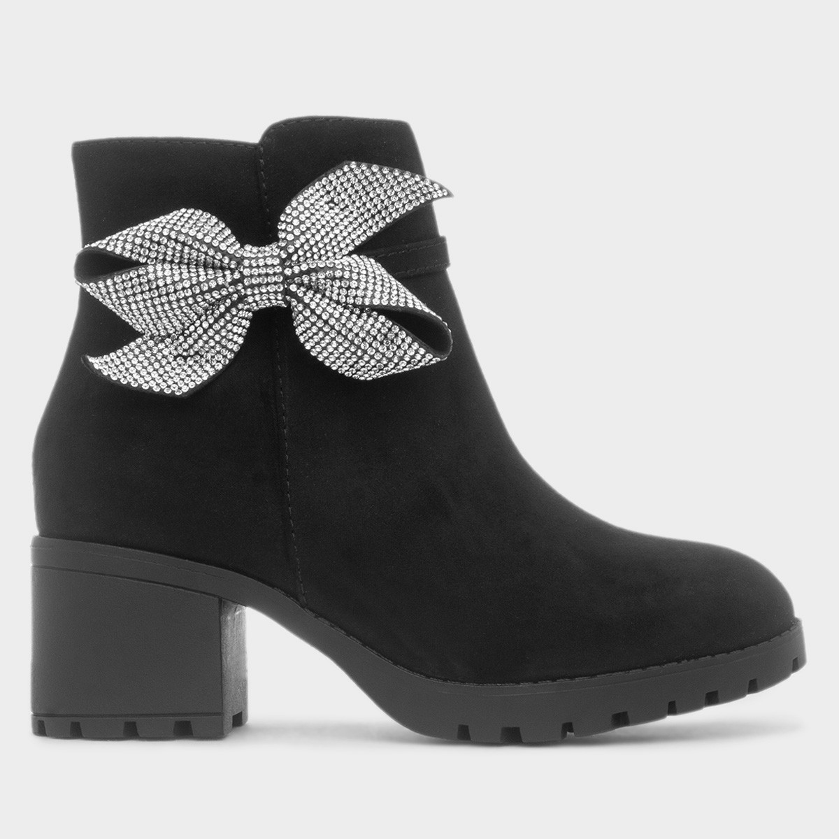 Girls Black Heeled Ankle Diamante Bow Boot