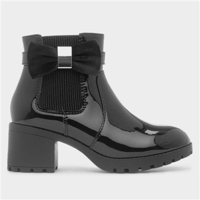 Girls Black Patent Block Heel Zip Up Boot