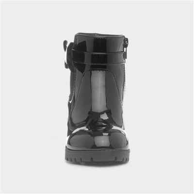 Girls Black Patent Block Heel Zip Up Boot