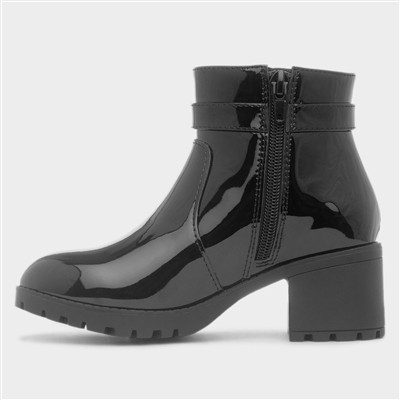 Girls Black Patent Block Heel Zip Up Boot