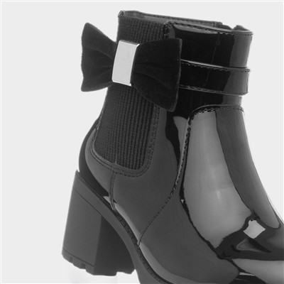 Girls Black Patent Block Heel Zip Up Boot