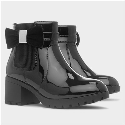 Girls Black Patent Block Heel Zip Up Boot