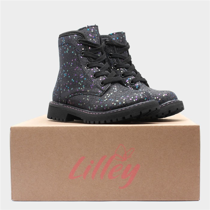 Lauren Girls Black Zip Glitter Boot