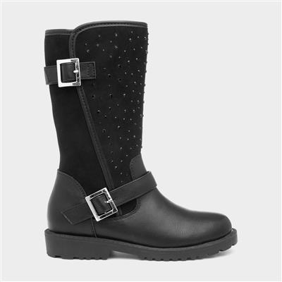 Girls Black Diamante Calf Boot