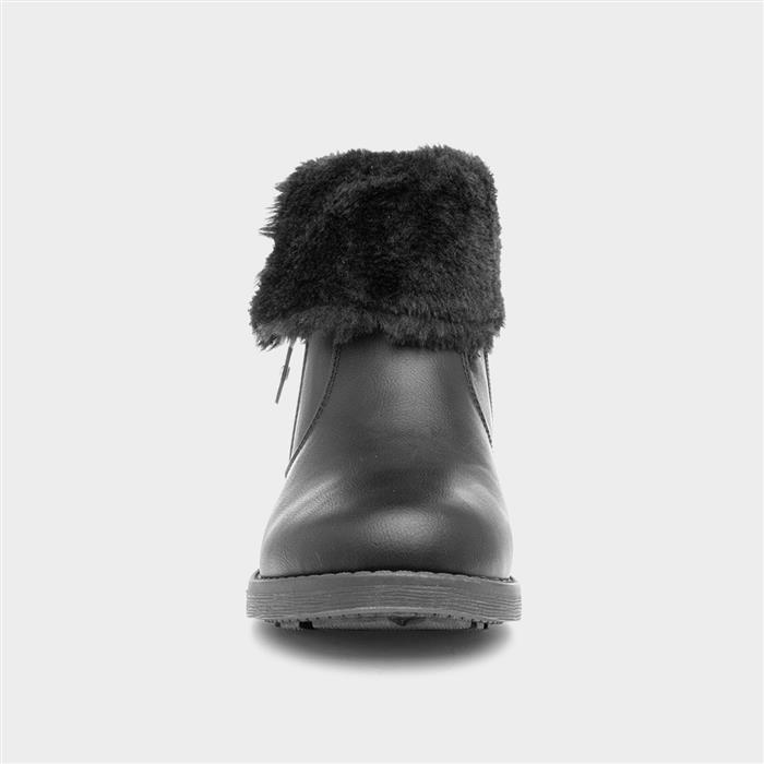 Girls Black Faux Fur Zip Up Ankle Boot