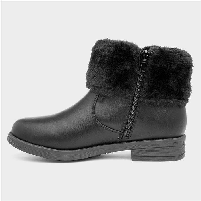 Girls Black Faux Fur Zip Up Ankle Boot