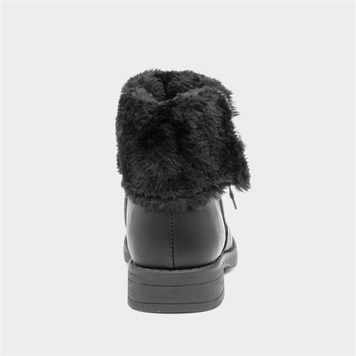Girls Black Faux Fur Zip Up Ankle Boot