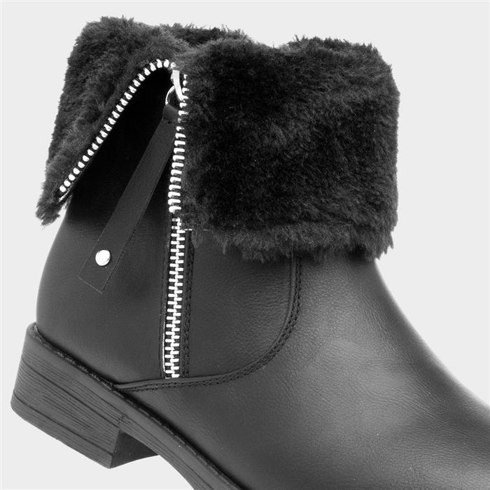 Girls Black Faux Fur Zip Up Ankle Boot