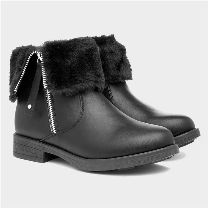 Girls Black Faux Fur Zip Up Ankle Boot