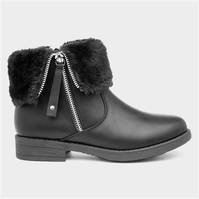 Black Girls Ankle Boot with Faux Fur Trim