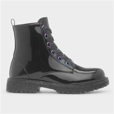 Girls Black Patent Glitter Sole Ankle Boot