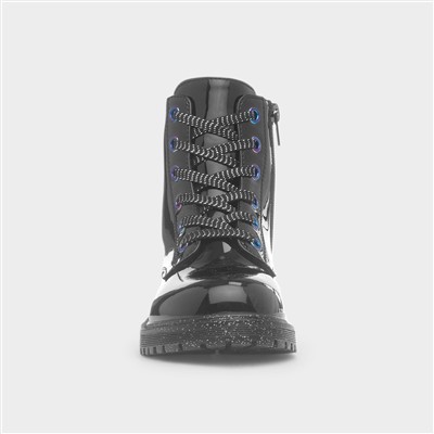 Girls Black Patent Glitter Sole Ankle Boot