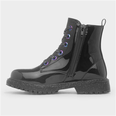 Girls Black Patent Glitter Sole Ankle Boot