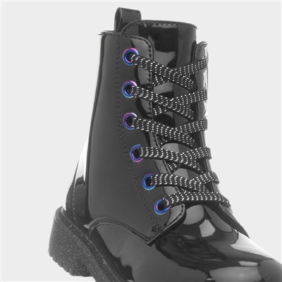 Girls Black Patent Glitter Sole Ankle Boot