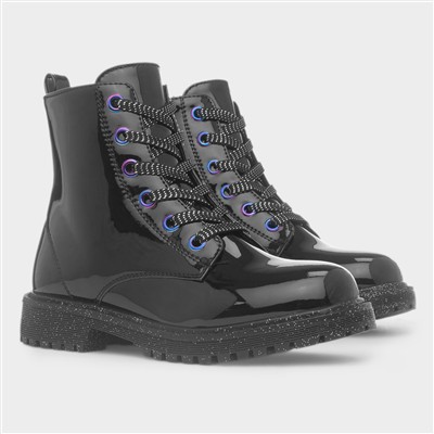 Girls Black Patent Glitter Sole Ankle Boot