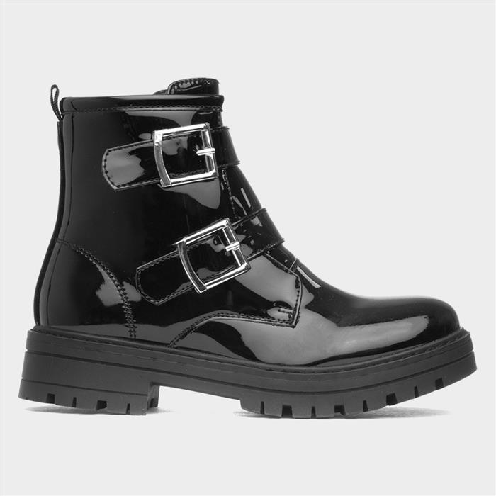Girls Black Patent Buckle Zip Up Ankle Boot