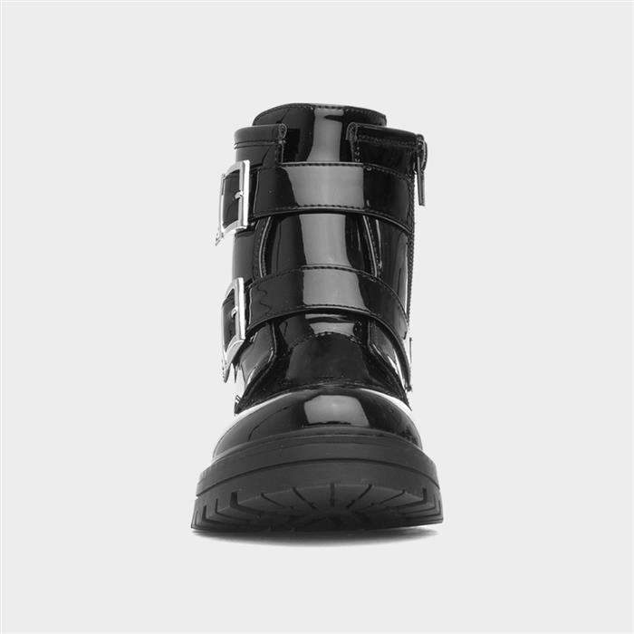 Girls Black Patent Buckle Zip Up Ankle Boot