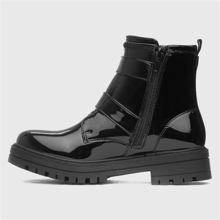 Girls Black Patent Buckle Zip Up Ankle Boot