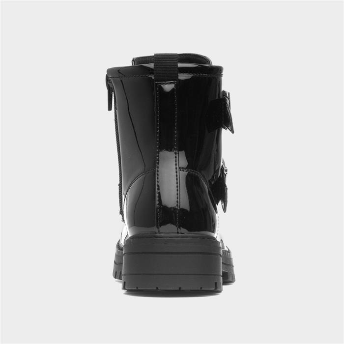 Girls Black Patent Buckle Zip Up Ankle Boot