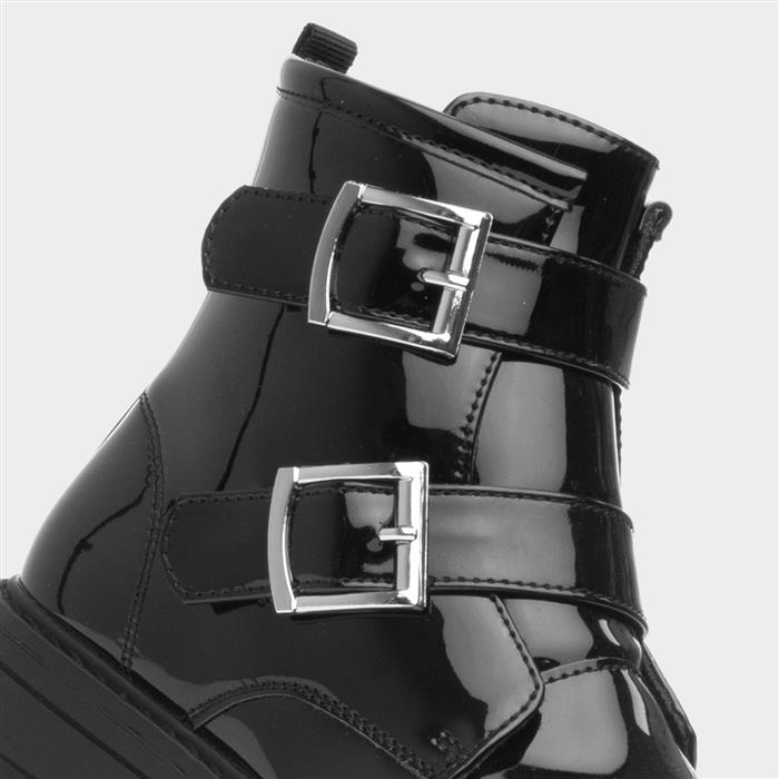 Girls Black Patent Buckle Zip Up Ankle Boot