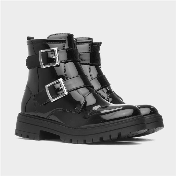 Girls Black Patent Buckle Zip Up Ankle Boot
