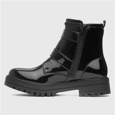 Girls Black Patent Buckle Ankle Boot