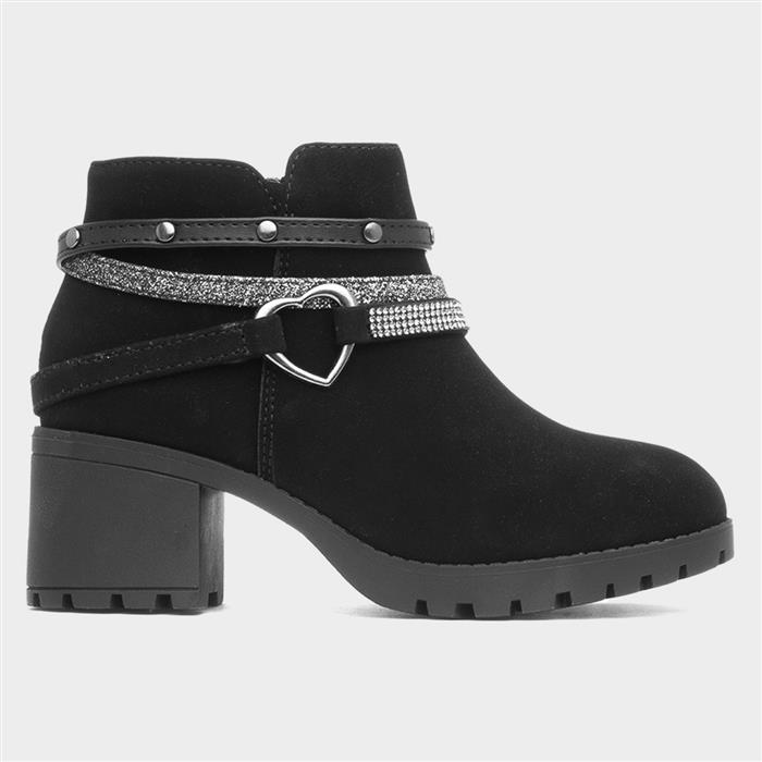 Girls Black Zip Up Heeled Heart Ankle Boot
