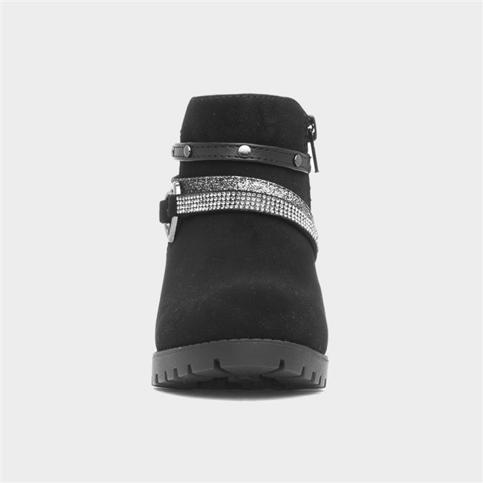 Girls Black Zip Up Heeled Heart Ankle Boot