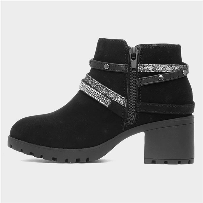 Girls Black Zip Up Heeled Heart Ankle Boot