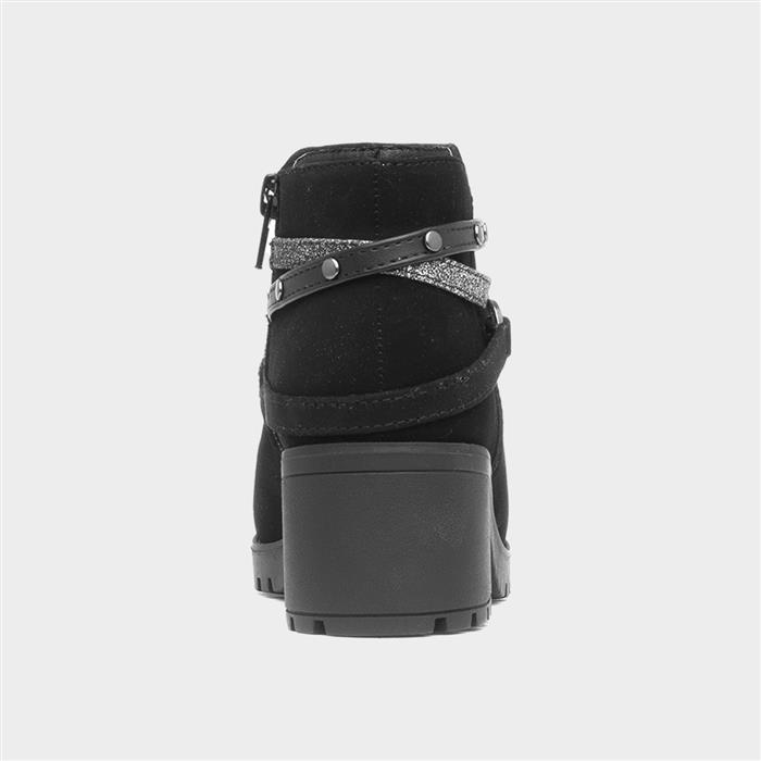 Girls Black Zip Up Heeled Heart Ankle Boot