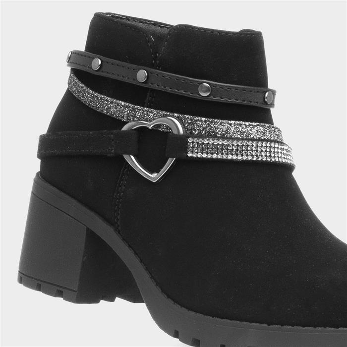 Girls Black Zip Up Heeled Heart Ankle Boot