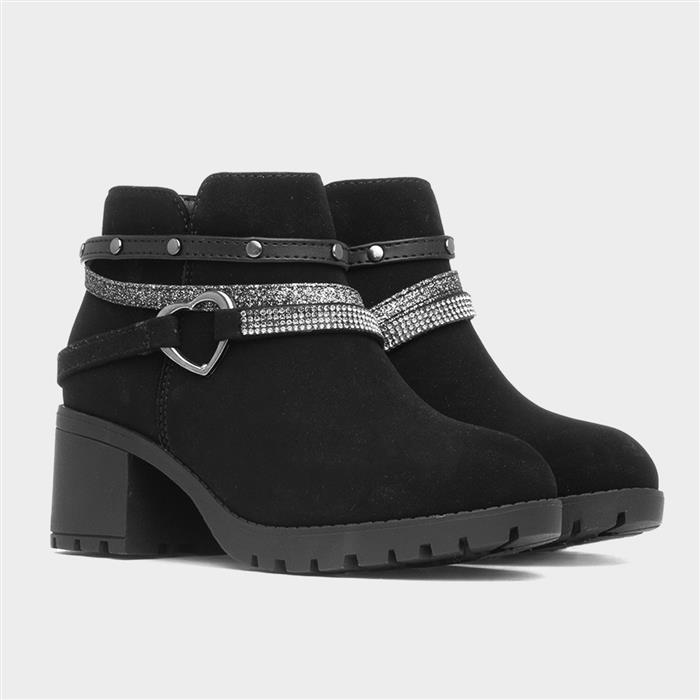 Girls Black Zip Up Heeled Heart Ankle Boot