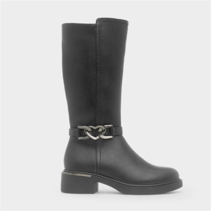 Girls Black Knee Up Heart Buckle Boot
