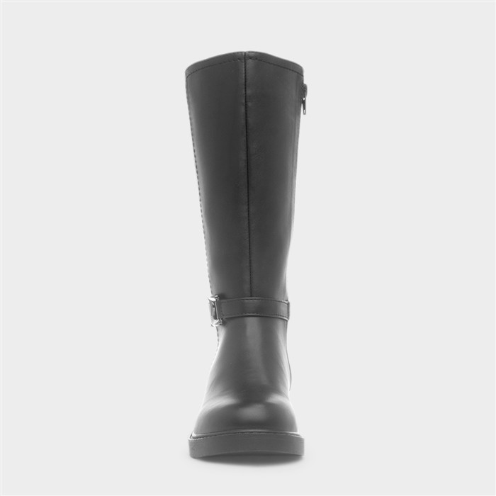 Girls Black Knee Up Heart Buckle Boot