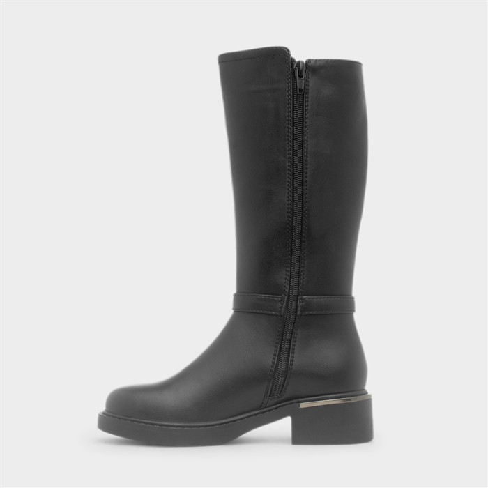 Girls Black Knee Up Heart Buckle Boot