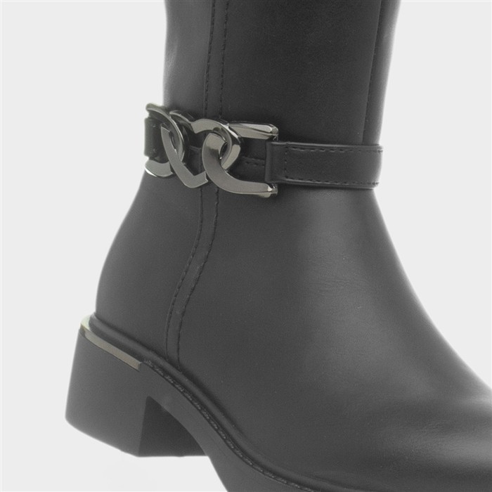 Girls Black Knee Up Heart Buckle Boot