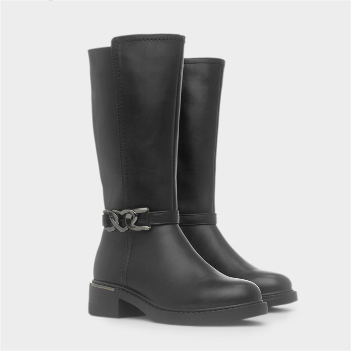 Girls Black Knee Up Heart Buckle Boot